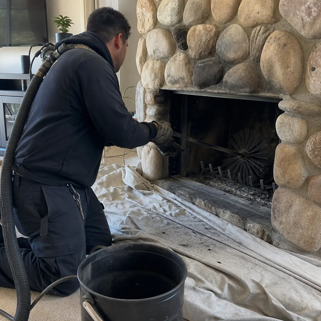 Professional chimney sweep cleaning a stone fireplace with a brush