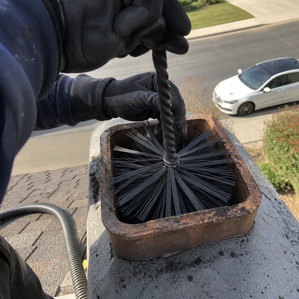 Professional chimney sweep cleaning a fireplace flue from the roof